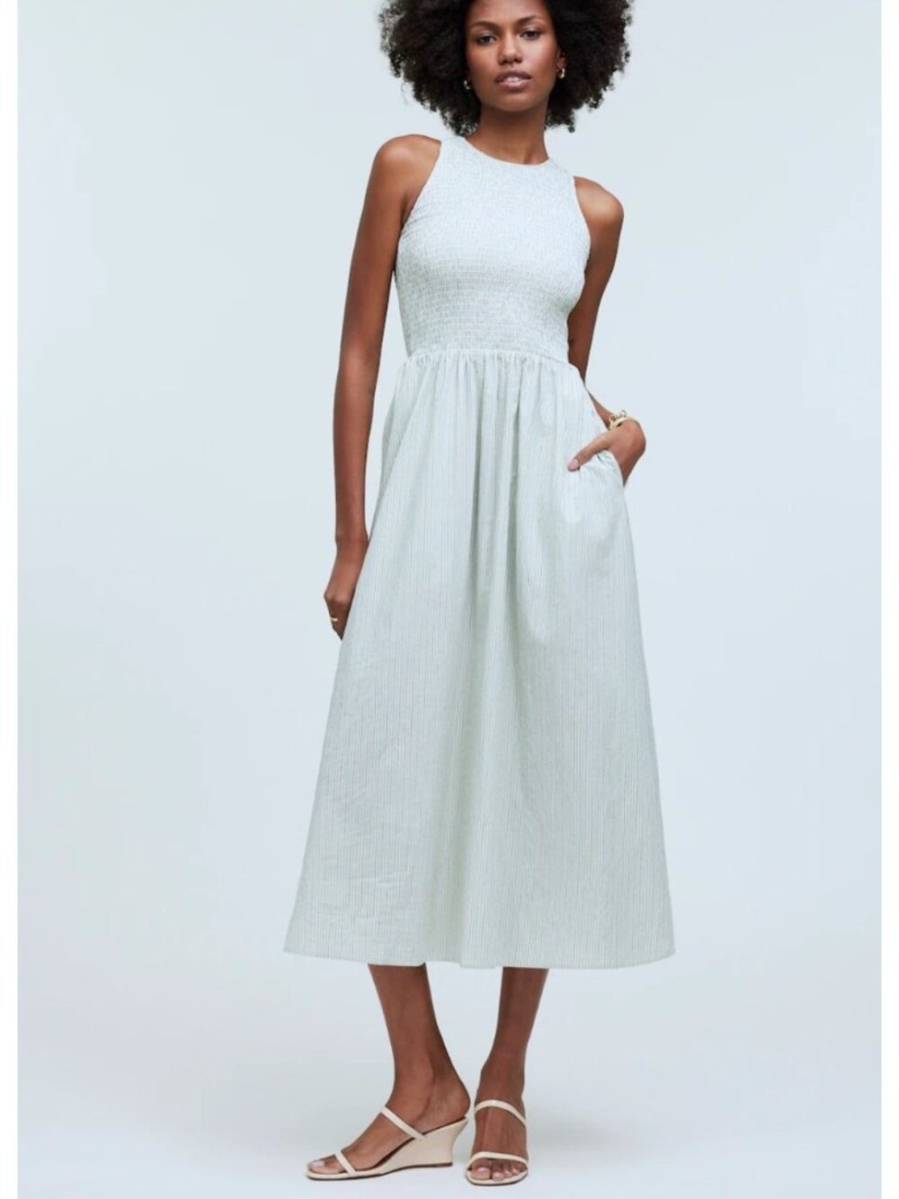 Madewell The Melody Striped Smocked Sleeveless Midi Dress Green Sz XXS